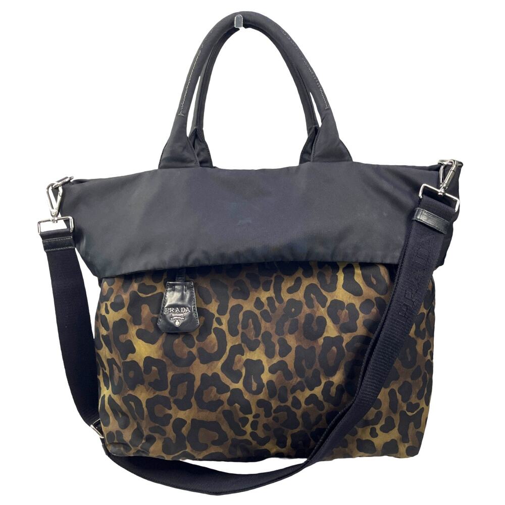 Prada Reversible Leopard Nylon Tote Crossbody Bag Black Convertible Large Logo